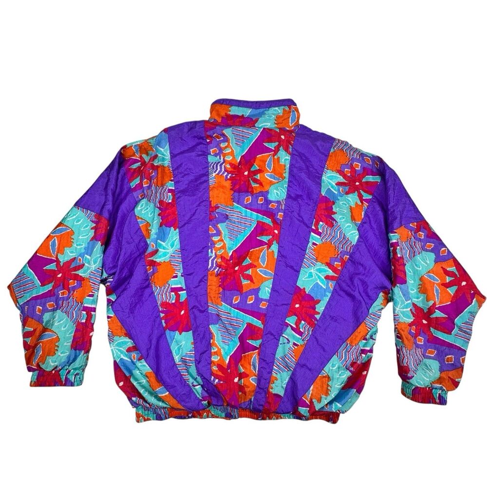 Vintage 80s Womens Track Jacket Medium Purple Colorful Windbreaker Floral Stripe - Picture 2 of 16